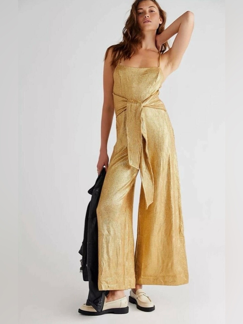 Free People Shimmer And Shine Jumpsuit Gold Wide-Leg Jumpsuit Open Back